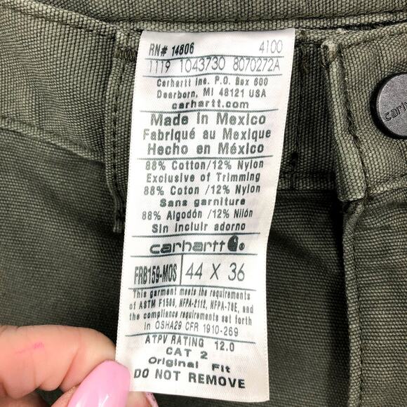 CARHARTT Mens Flame-Resistant Canvas Pants 44x36 Green Loose Fit Midweight  NWT - Picture 11 of 12
